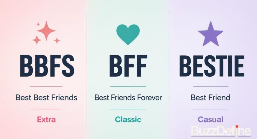 BBFS vs BFF vs Bestie comparison infographic showing meaning and vibe of each slang term