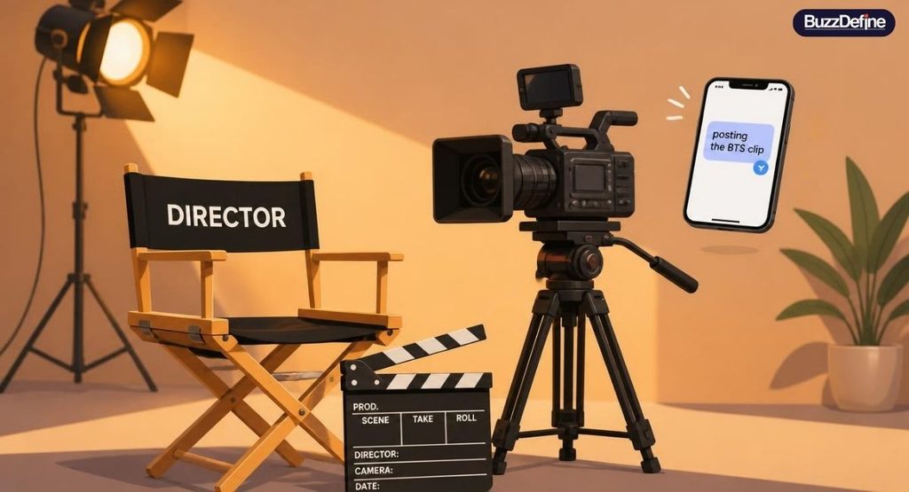 BTS meaning as Behind the Scenes shown with a film set and clapperboard illustration