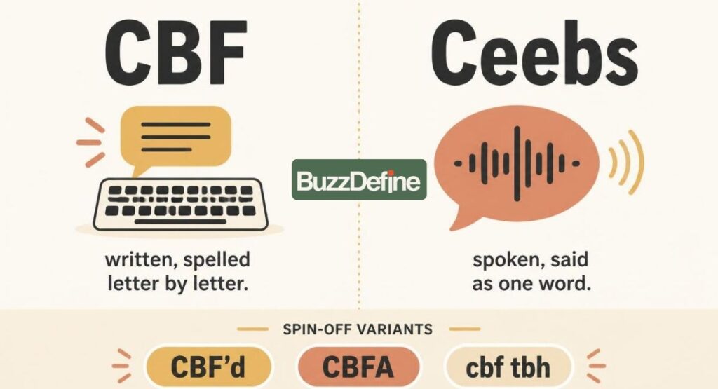 Infographic comparing CBF and Ceebs slang — CBF is written letter by letter, Ceebs is the spoken version, plus variants like CBF'd and CBFA