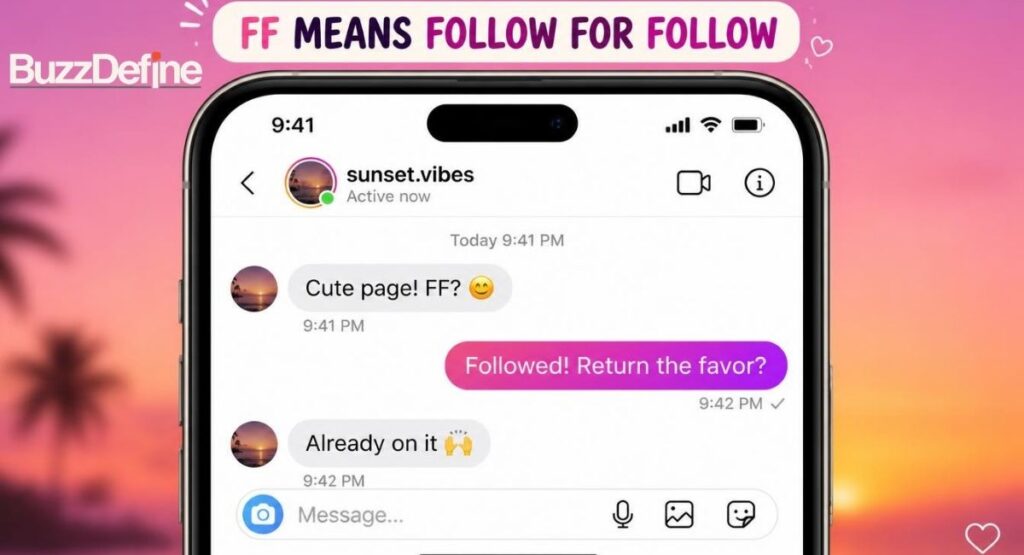 Real chat example showing FF meaning follow for follow on Instagram DMs