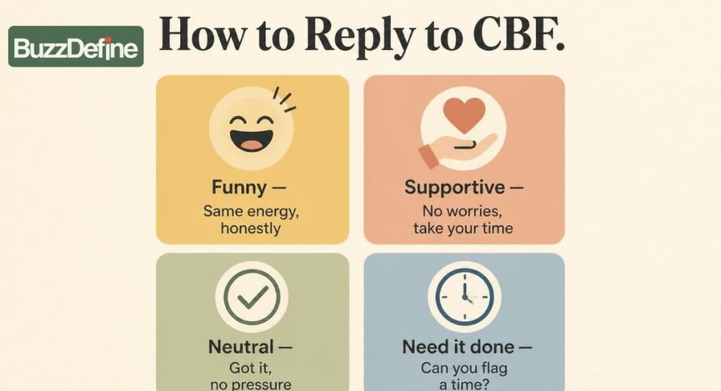 Infographic showing four ways to reply to a CBF text — funny, supportive, neutral, and when you need a real answer