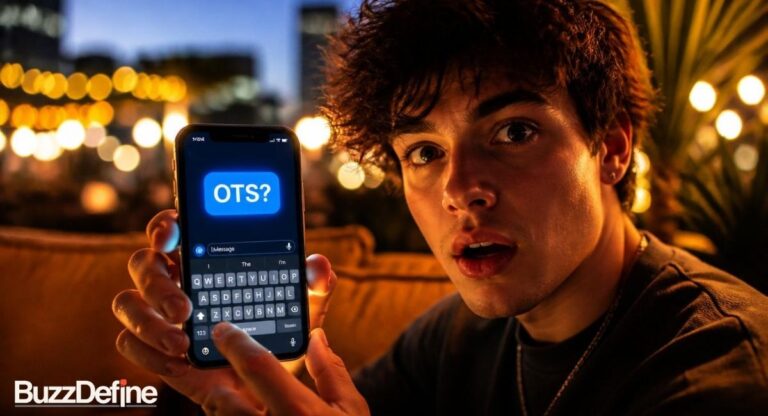 OTS meaning in text shown on smartphone chat screen, 2026 texting slang guide