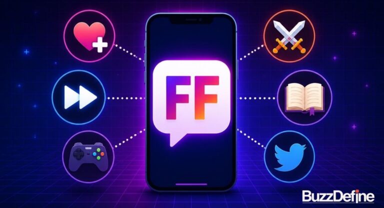 Illustration showing what FF means in text, including follow for follow, fast forward, and gaming slang icons
