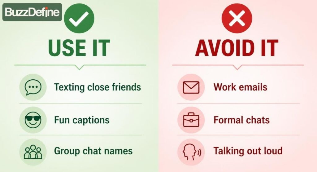 Infographic showing when to use and when to avoid BBFS slang in texting