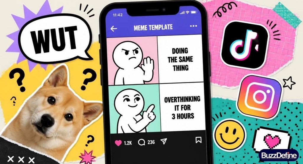 Meme style illustration showing WUT used as a reaction caption in pop culture and social media memes