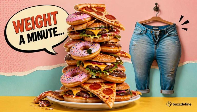 Overflowing food plate and stretched jeans illustration for fat jokes and puns article