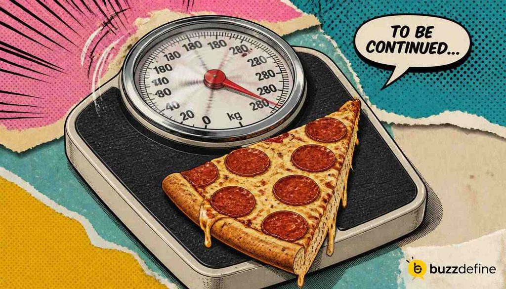 Fat Jokes & Puns  Bathroom scale with a pizza slice illustration representing food and diet puns