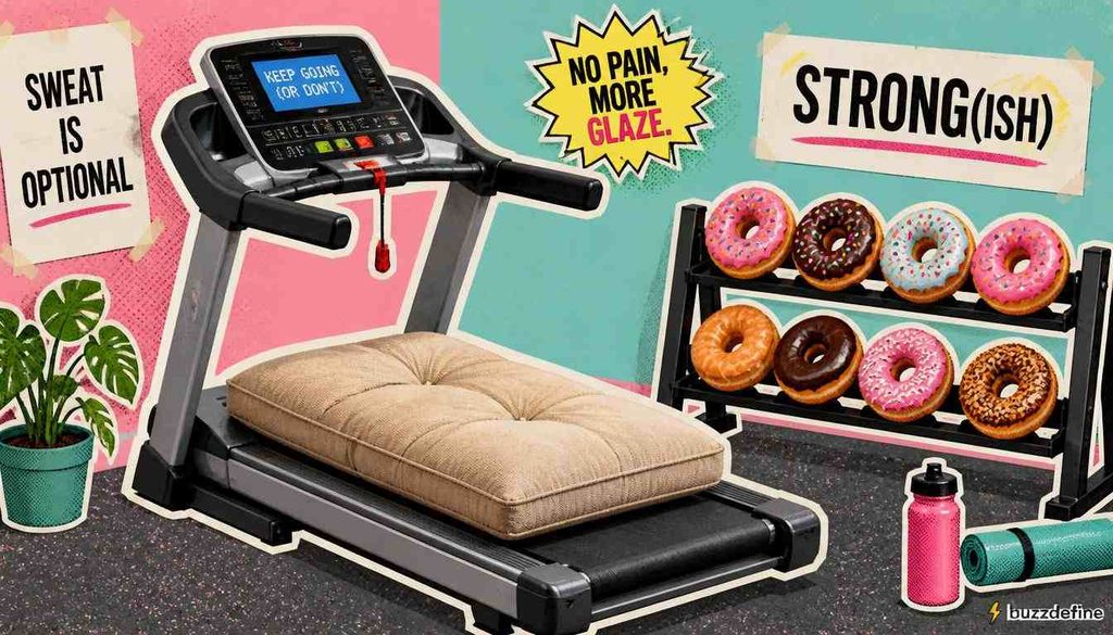 Treadmill with a couch cushion illustration representing gym and fitness puns
