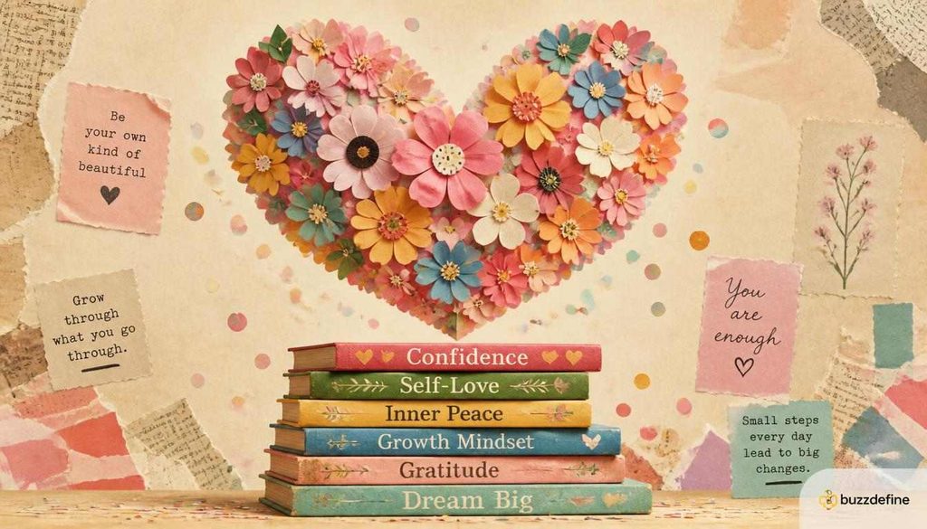Heart made of flowers and confetti illustration representing self-love and body-positive quotes