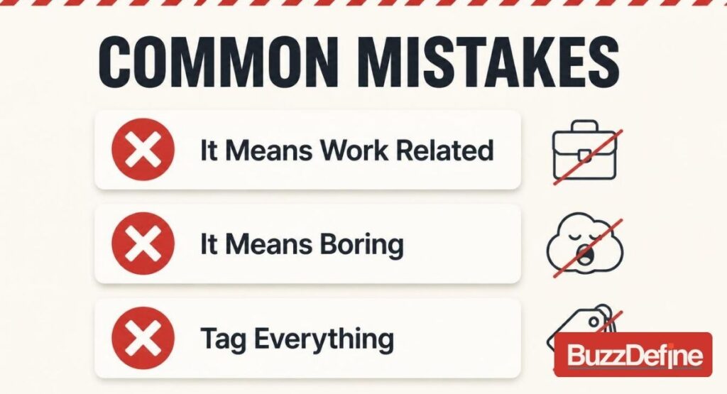 Infographic showing three common SFW mistakes: thinking it means
work related, assuming it means boring, and over tagging content