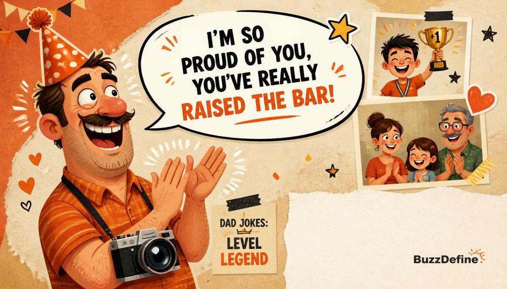Funny dad jokes for graduation illustration with proud dad clapping