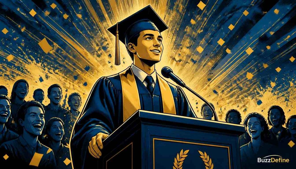 Graduate giving a funny commencement speech at a podium