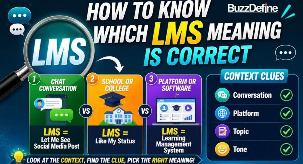 Context decoder showing how to identify the correct LMS meaning in chats social media and school.