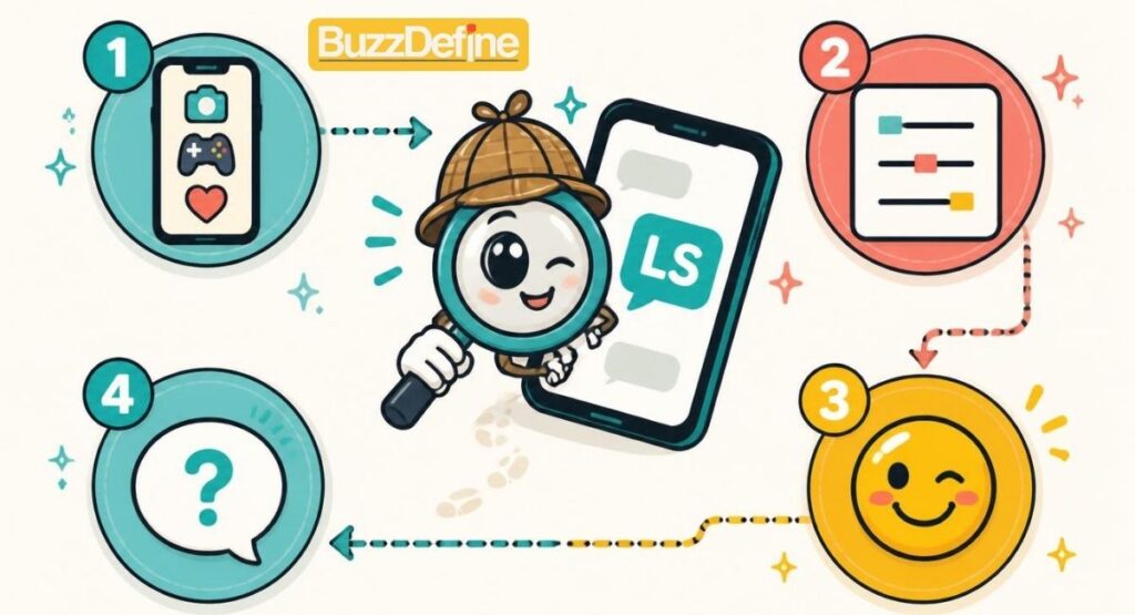 4-step guide showing how to tell what LS means in chat, based on platform,
sentence position, tone, and context in texting abbreviations