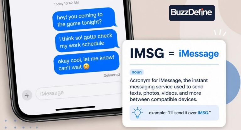 IMSG meaning in text explained with iMessage chat bubble graphic