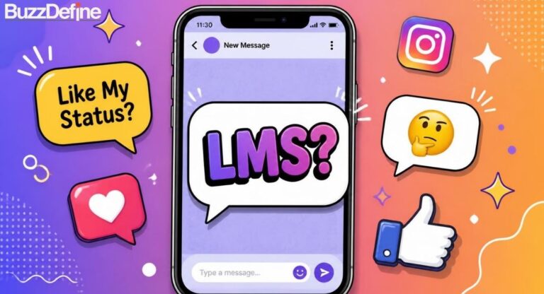 Smartphone chat bubble showing LMS meaning in text as Like My Status with like and heart icons