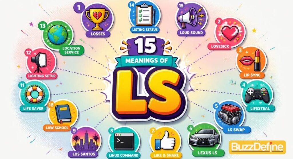 Infographic showing 15 real meanings of LS in text messages, including losses,
lovesick, lifestyle, lifesteal, and lip sync abbreviation meanings