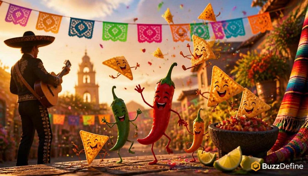 Vibrant Mexican fiesta with papel picado, dancing food characters and BuzzDefine logo for party and family jokes section. 