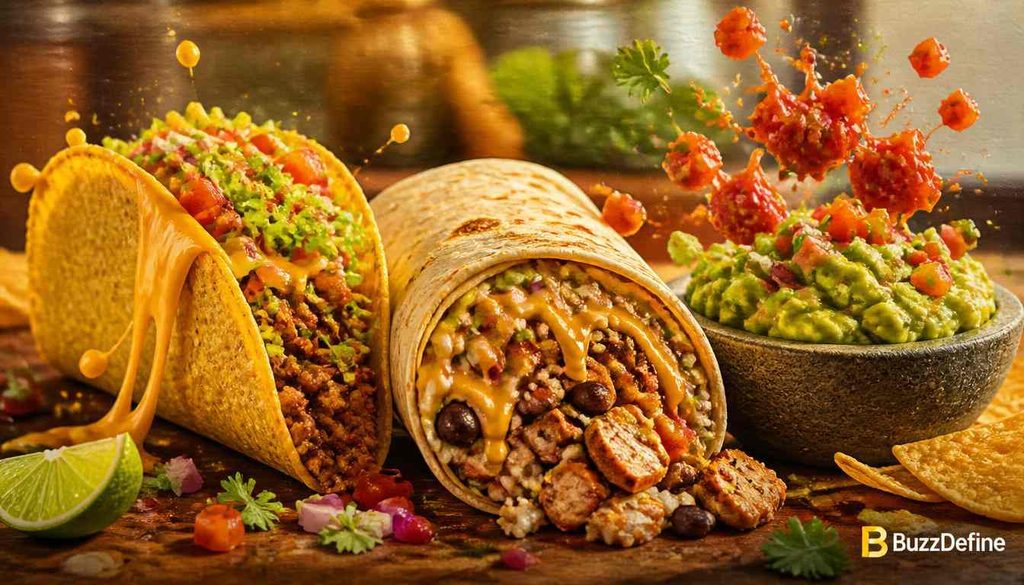Playful close-up of tacos, burrito and guacamole with salsa splash and BuzzDefine logo for Mexican food jokes section.