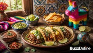Colorful Mexican food arrangement with tacos, guacamole and piñata on a wooden table featuring the BuzzDefine logo, illustrating a clean family-friendly jokes collection.