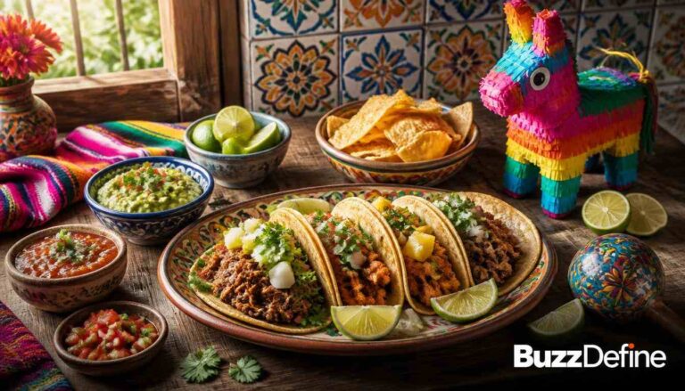 Colorful Mexican food arrangement with tacos, guacamole and piñata on a wooden table featuring the BuzzDefine logo, illustrating a clean family-friendly jokes collection.