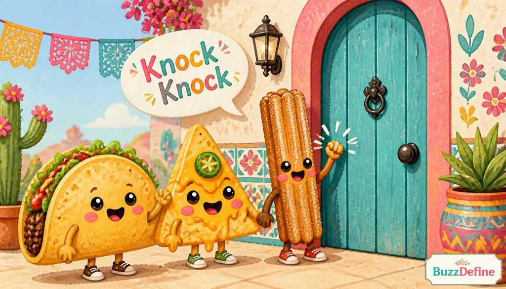 Cute taco and nacho characters knocking on a door with speech bubble and BuzzDefine logo for kids knock-knock jokes section.