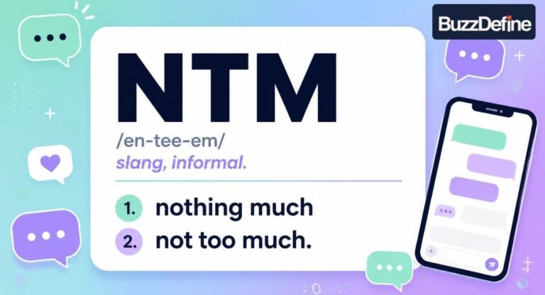 NTM meaning in text explained as a dictionary style definition card with phone and chat icons