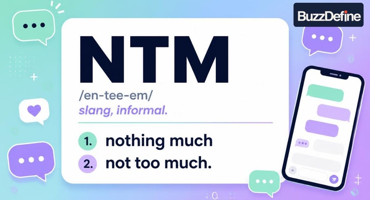 NTM meaning in text explained as a dictionary style definition card with phone and chat icons