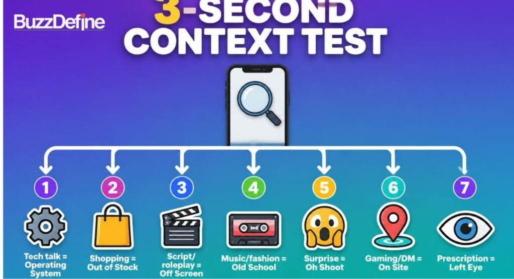 3 second context test flowchart showing how to tell what OS means based on surrounding words