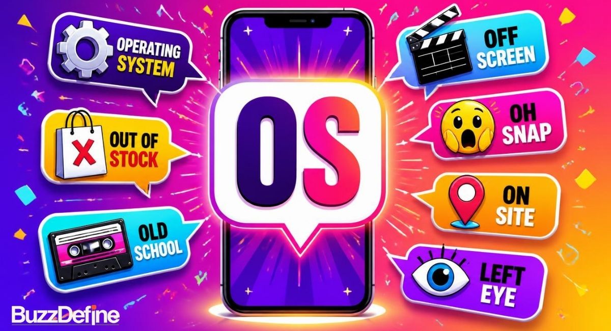 OS mean in text infographic showing 8 meanings including Old School, Operating System, Off Screen, and Out of Stock
