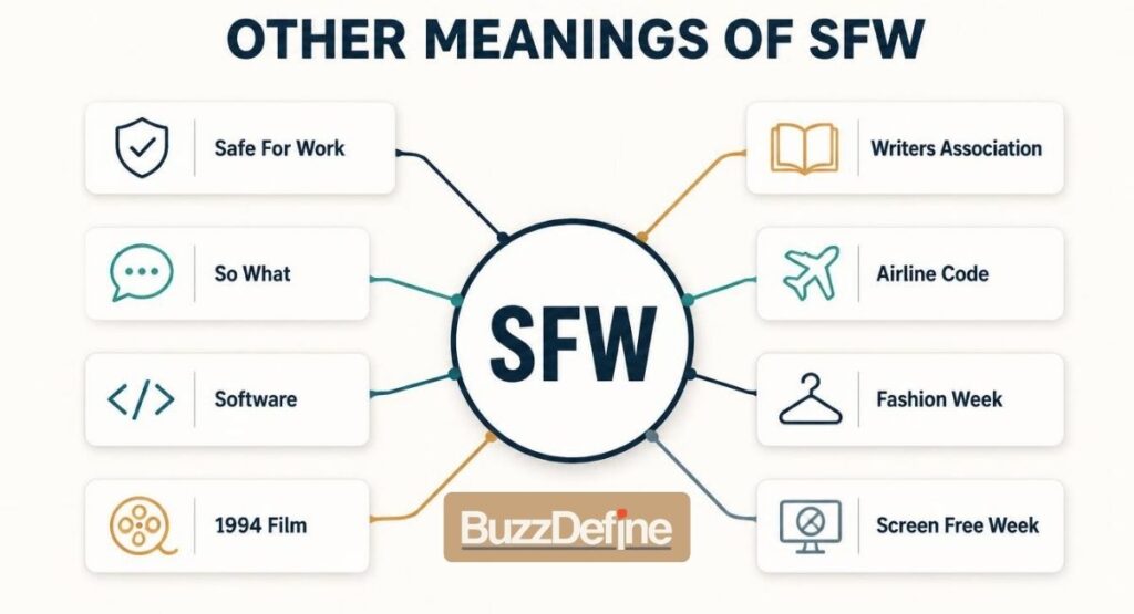 Infographic listing other meanings of SFW including so what,
software, Shanghai Fashion Week and Screen Free Week