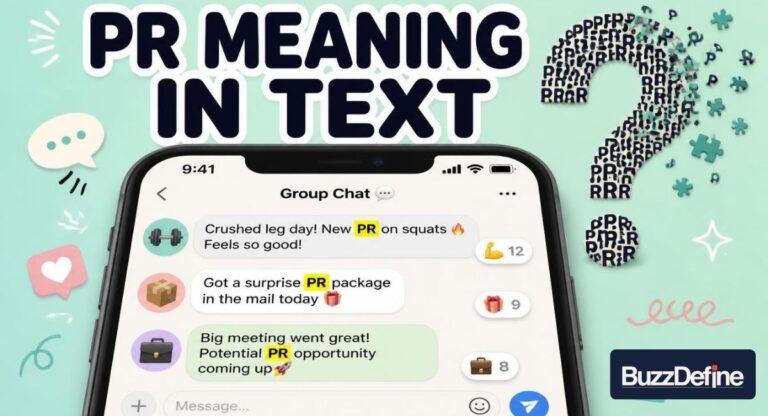 PR meaning in text shown in three real chat examples: gym personal record, PR package, and public relations