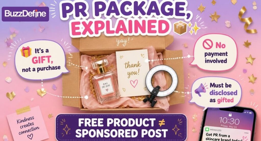 Infographic explaining PR package meaning, a free gifted product sent by a brand to influencers