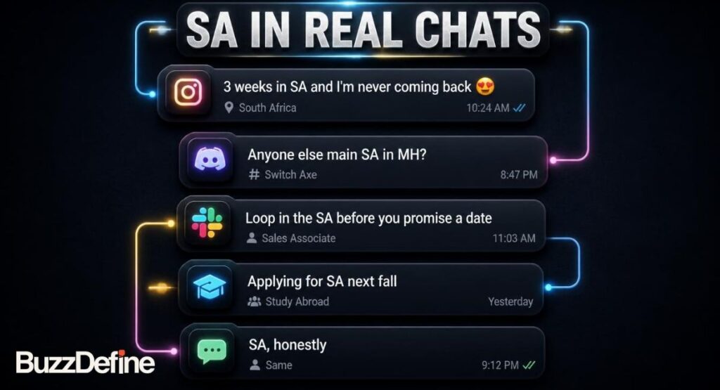 SA Meaning in Text Real chat examples showing SA meaning in text across Instagram, Discord, Slack, and casual texting