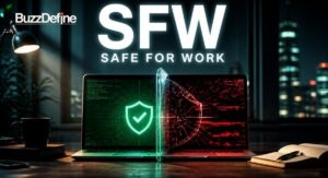 Split laptop screen showing green safe-for-work side and red not-safe-for-work side, illustrating SFW meaning