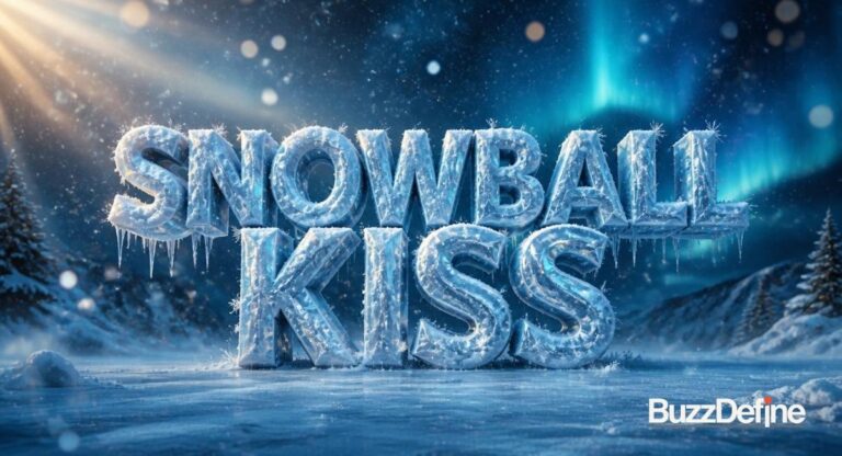 Snowball kiss meaning explained — icy winter concept graphic by BuzzDefine