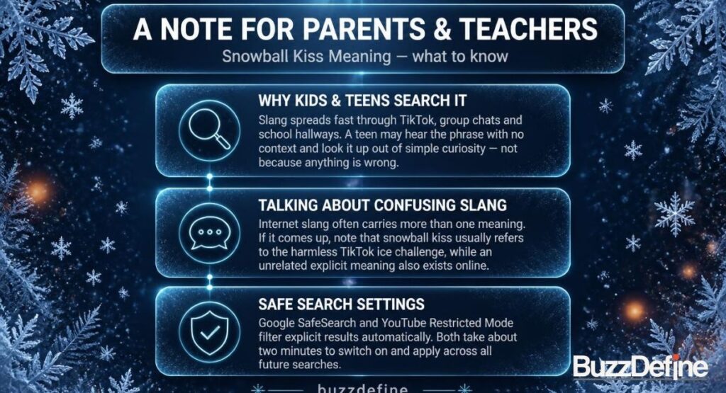 A note for parents and teachers on the snowball kiss meaning — BuzzDefine guide infographic