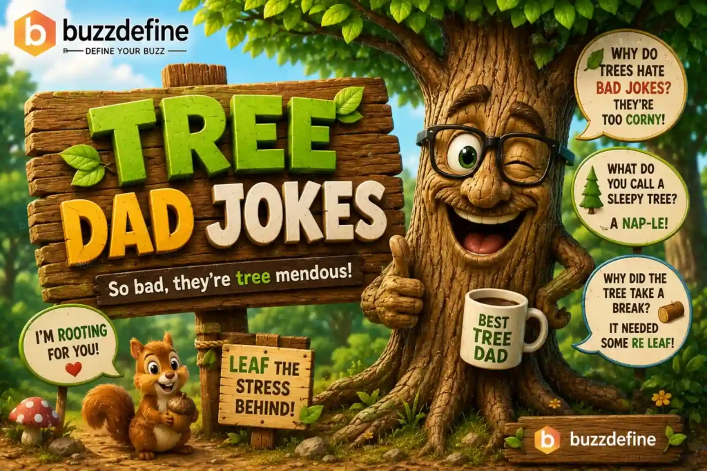 Tree Puns Funny cartoon tree character featuring tree dad jokes