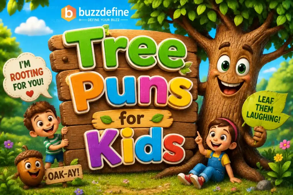 Colorful cartoon tree with kids enjoying tree puns