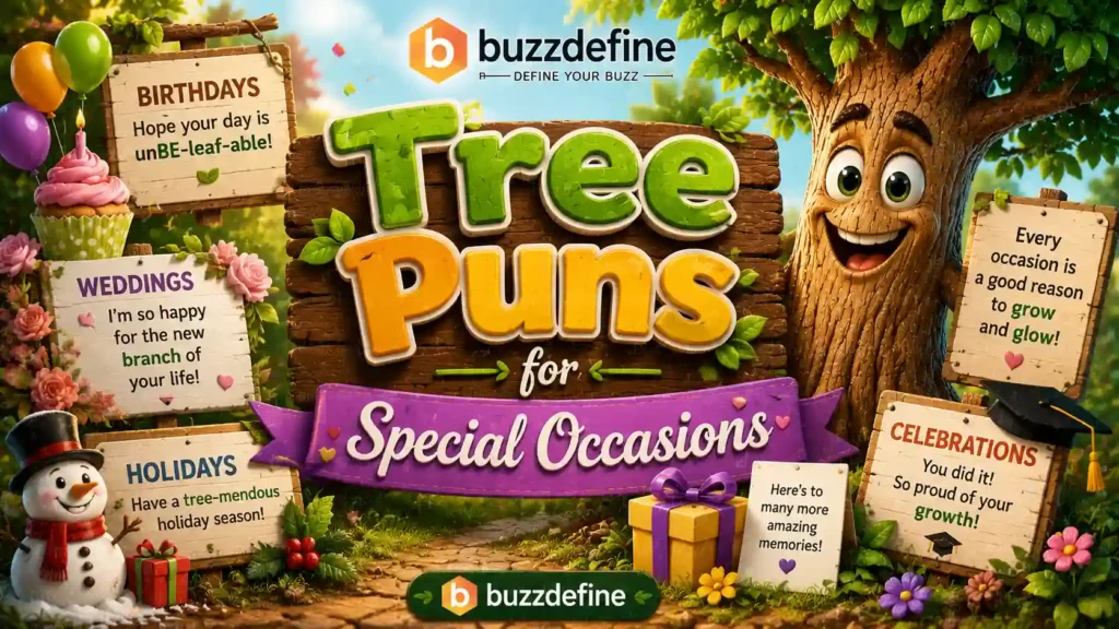 Tree puns for special occasions with colorful celebration artwork