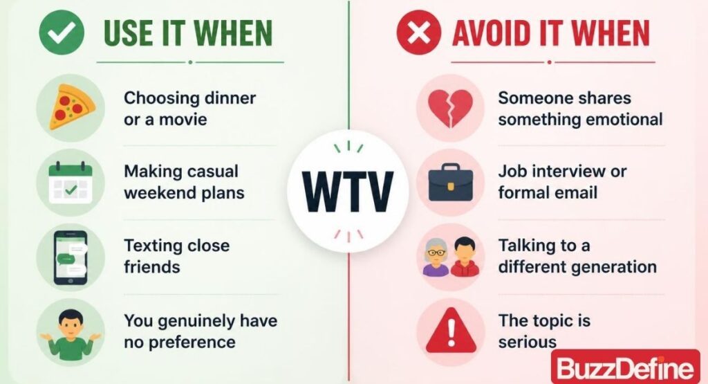 WTV Meaning in Text Infographic showing when to use WTV in texting versus when to avoid it, with examples for casual and formal conversations