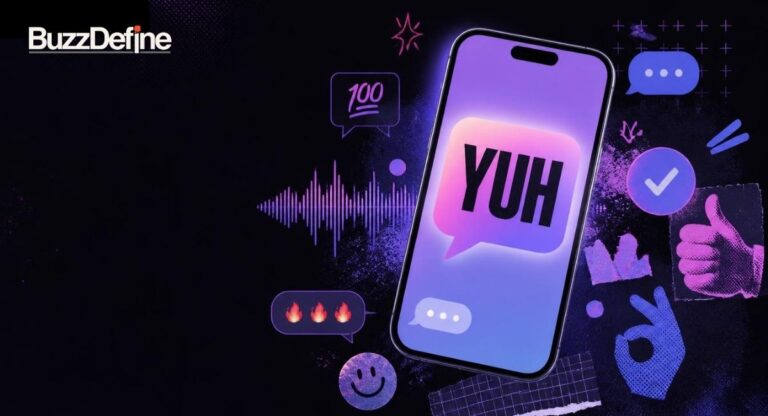 Yuh meaning illustrated with a smartphone chat bubble and slang icons