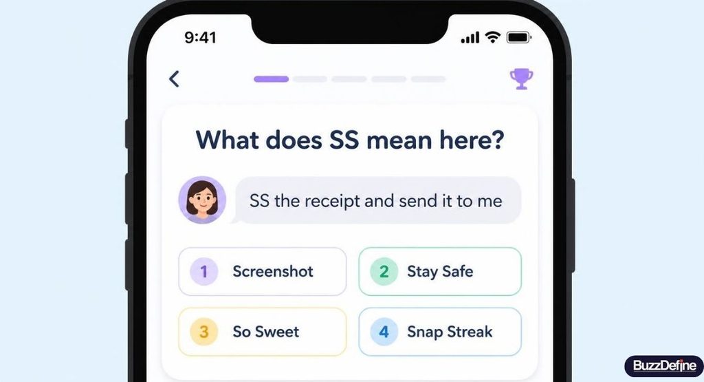Interactive quiz card asking what SS means in a sample chat message