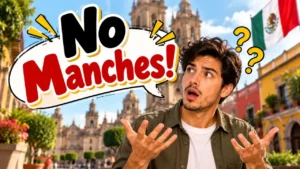 No manches meaning in Mexican Spanish, showing a surprised man reacting with disbelief