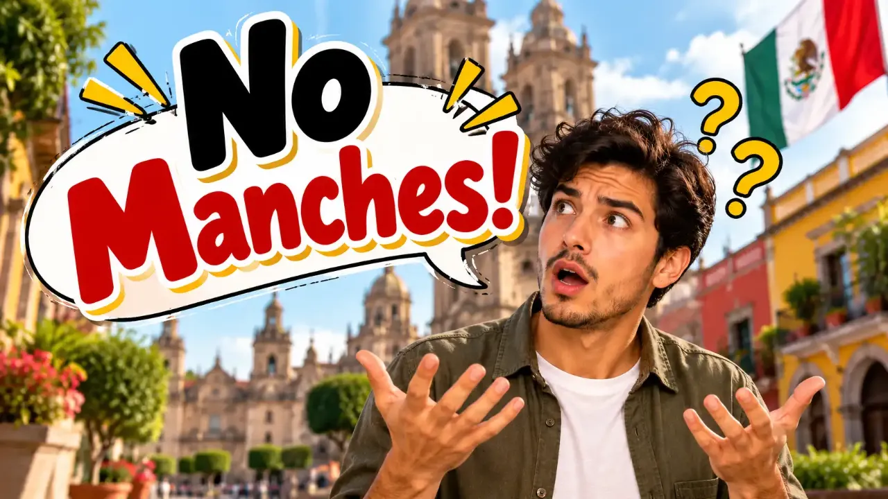 No manches meaning in Mexican Spanish, showing a surprised man reacting with disbelief